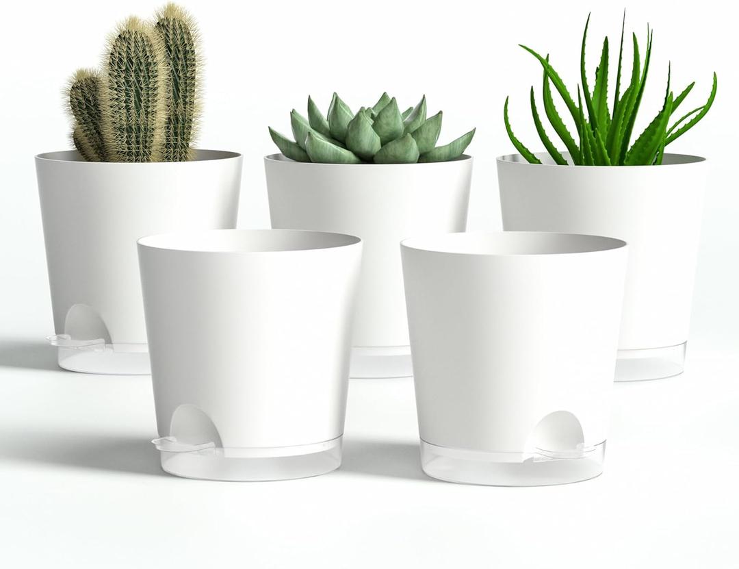 4 Inch 5 Pack Small Self Watering Pots for Indoor Plants, Nursery Pot with Drainage Holes and Saucers, Plastic Small Flower Planter for Succulent, Aloe, Cacti and More (White)