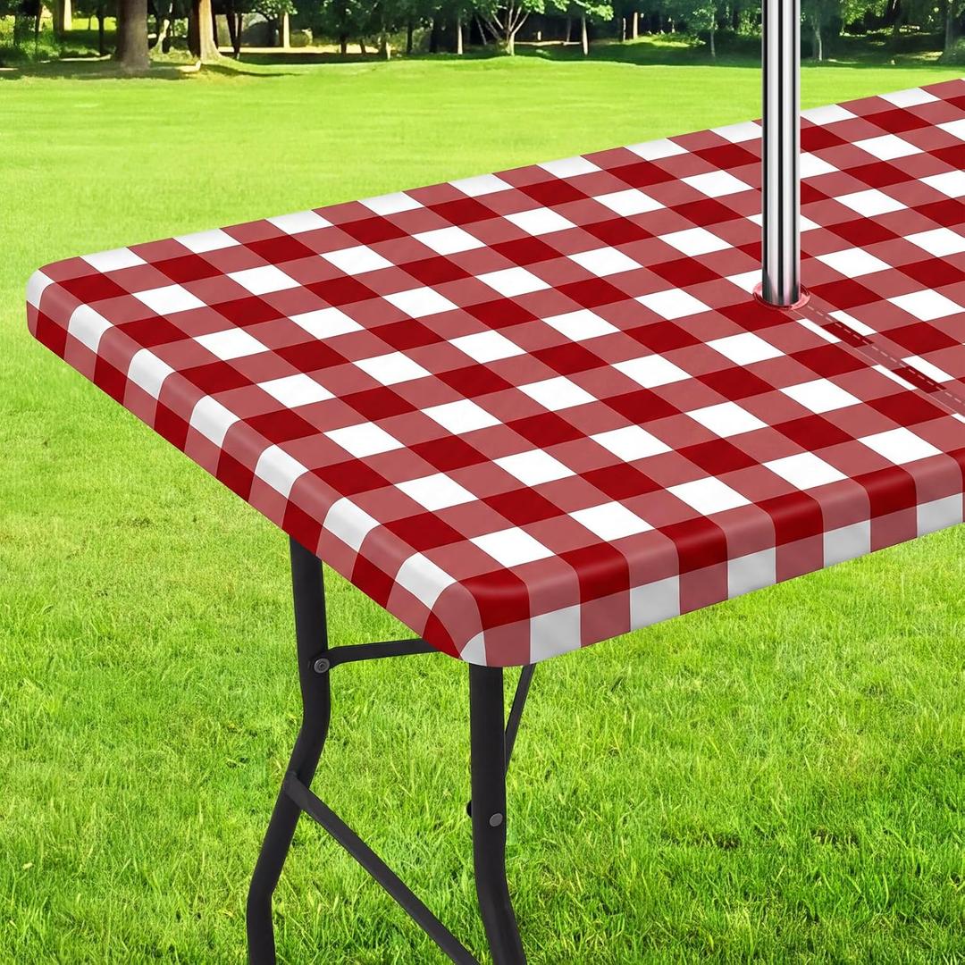 Moukeren Outdoor Tablecloth with Umbrella Hole - Patio Table Cloth Zippered Rectangle 60x85 Inch, Buffalo Plaid Table Covers Water Resistant for Patio Spring Summer Picnic BBQS(Red)