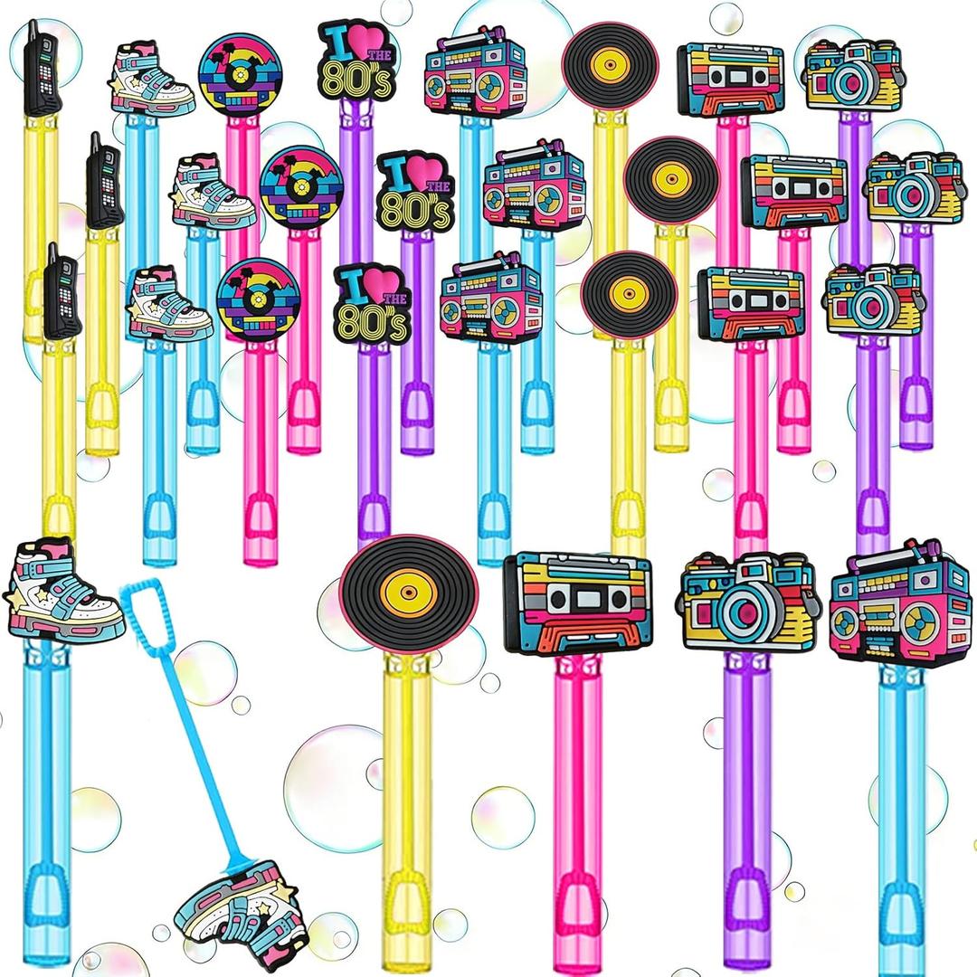 24-Pack 80s Retro-Themed Bubble Wands – Decor Party Favors, Goodie Bag Stuffers & Piñata Fillers for 80s Themed Birthdays, Retro Night Gatherings, Nostalgic Backyard BBQs