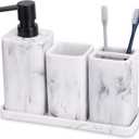 ZCCZ Bathroom Accessory Sets, 4 Pieces Bathroom Accessories Complete Set Vanity Countertop Accessory Set with Marble Look, Includes Lotion Dispenser Soap Pump, Tumbler, Toothbrush Holder and Tray (White Marble Look)