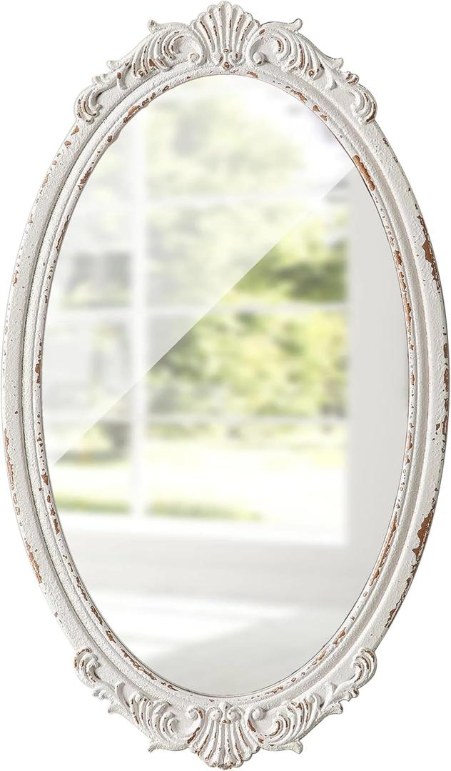 Antique Arendahl Glam Ornate Oval Mirror 24" X 14", Hanging Distressed White Vintage Mirrors for Wall Decor Living Room, Wood Mirrors for Bathroom Entryway, Horizontal or Vertical (White, 13.8" X 23.6")