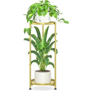 iDavosic.ly 2 Tier Corner Plant Stand Indoor, Tall Vertical Metal Flower Heavy Duty Pot Holder Shelf Outdoor for Patio Porch Living Room, Gold - Round