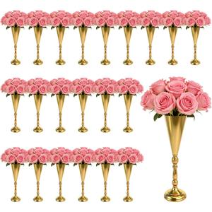 UCEHIPAW 22 Pcs 16.5 Inches Tall Gold Vase Metal Trumpet Vase Flower Arrangement Stand Tabletop Centerpiece Decoration for Wedding Anniversary Party Decor