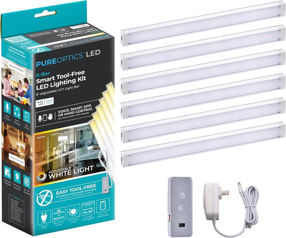 PureOptics LED Works with Alexa Smart Under Cabinet Lighting Kit, Adjustable LEDs, (6) 9" Bars, White