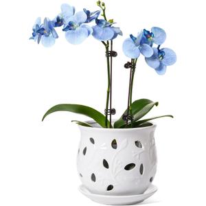 LE TAUCI Ceramic Orchid Pot, 6.5 Inch Orchid Pots with Holes, Orchid Planter for Repotting, Indoor Flower Plant Pot with Drainage and Saucer, White