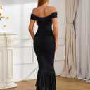 URYIAO Off Shoulder Maxi Dress for Women Ruched Bodycon Formal Wedding Guest Long Dresses (Black, L)