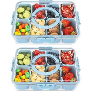 Shopwithgreen 2Pcs Snackle Box Container, Divided Serving Tray with Lid and Handle, Snack Box Container Food Platter Charcuterie for Party, Veggies, Snack, Fruit, Nuts, Entertaining, Picnic,Blue