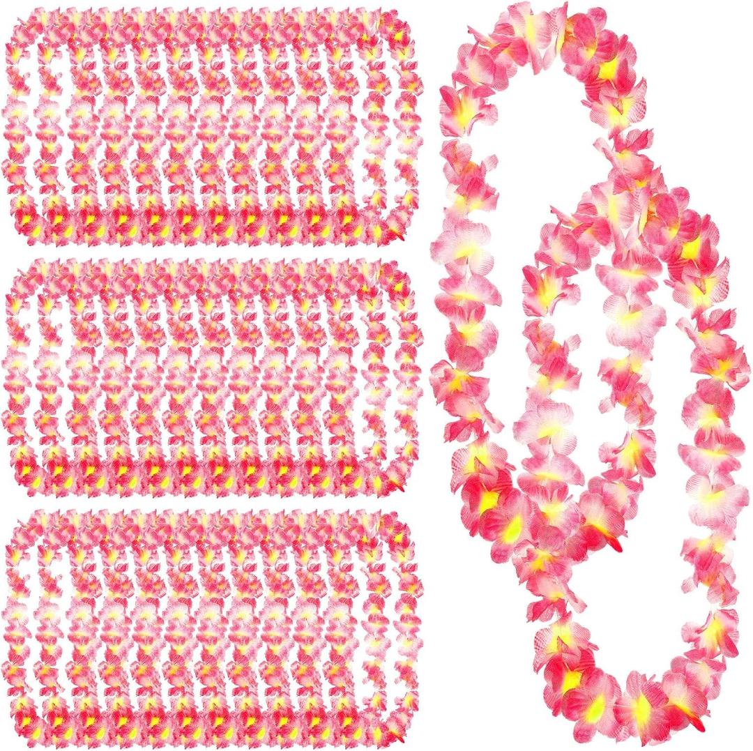Jexine 50 Counts Hawaiian Leis Necklace Tropical Flower Leis for Luau Party Artificial Flowers Neck Loop for Decoration Beach Birthday Wedding Dance Garland Headbands (Pink)