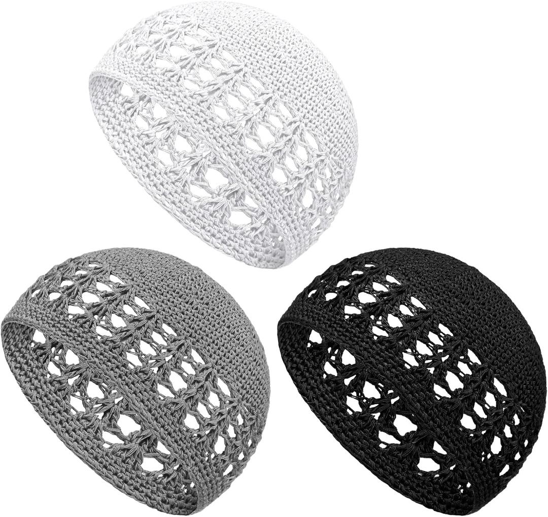 Boyiee Kufi Hat for Men Knit Kufi Cap Crochet Beanie Skull Beanie Muslim African Hat for Men Women (Black,gray,white)