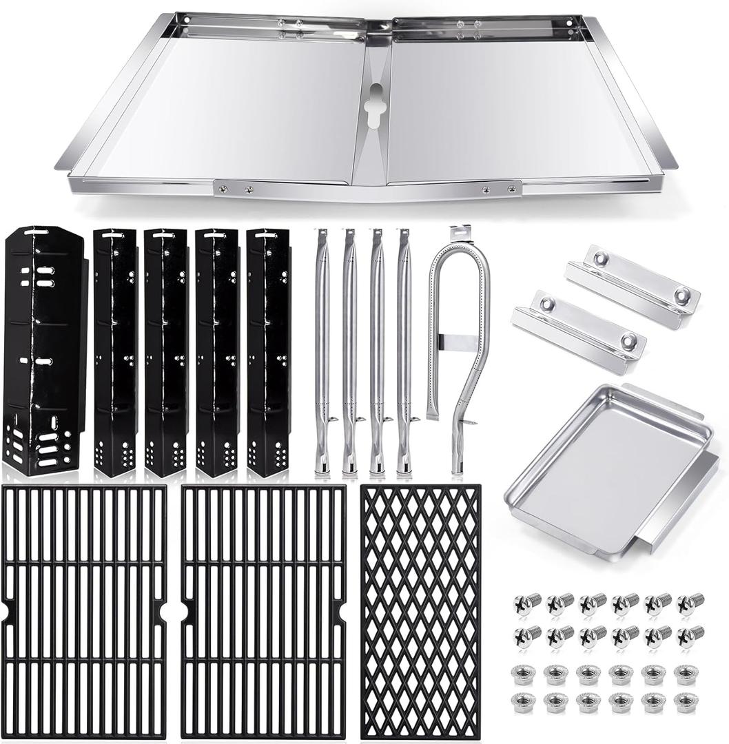 Grill Grease Tray Replacement Parts for Dyna Glo Grill Replacement Parts 5 Burner DGH474CRP, DGH483CRP, DGH485CRP, Adjustable 24''-30'' Gas Grill Drip Pan, Cooking Grate, Heat Plate Shield and Burners