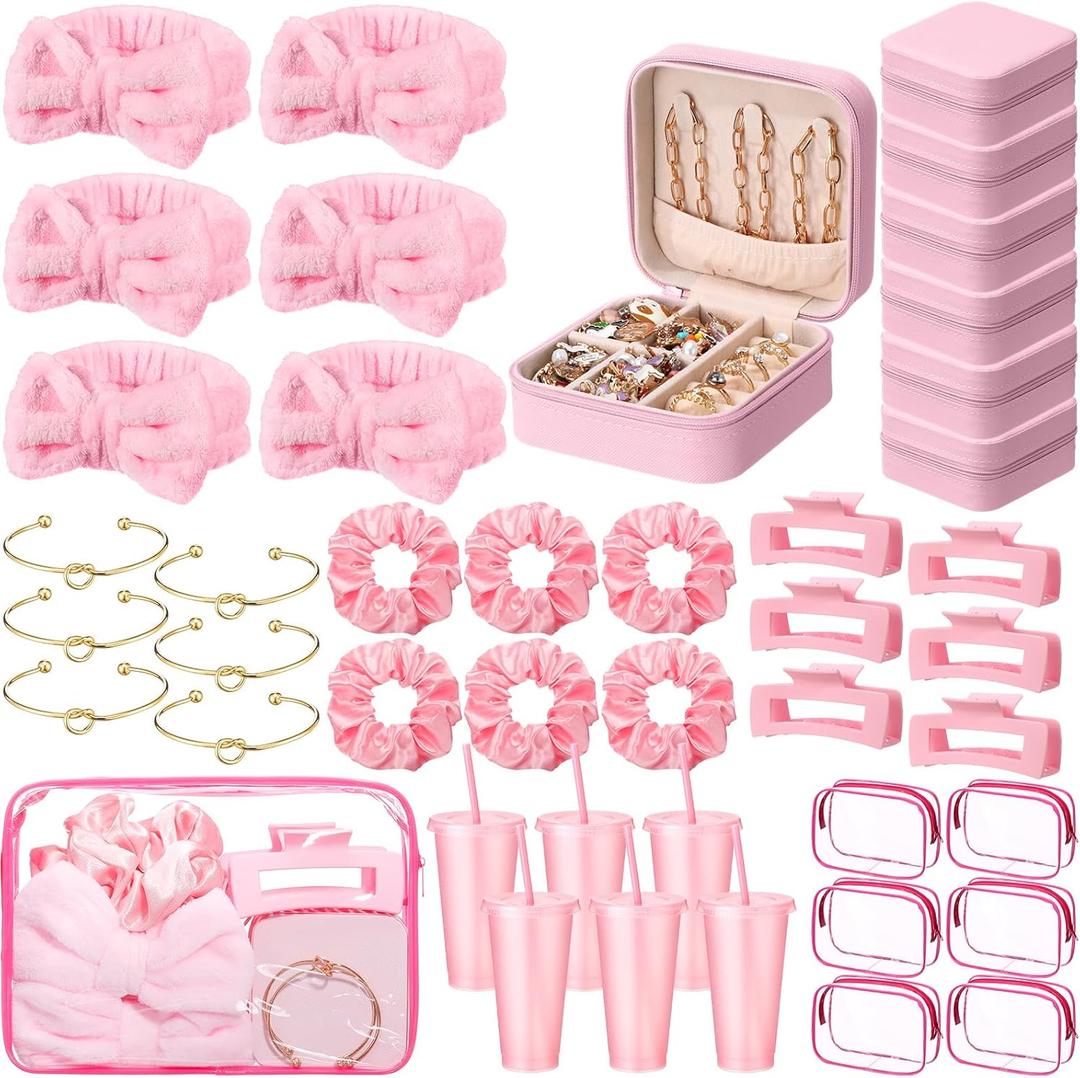 Cunno Pink 42 Pcs Spa Party Favors Sleepover Party Supplies Headband Scrunchies Hair Clip Bracelet Jewelry Case Makeup Bag Plastic Cups for Women Bridesmaid Return Gifts