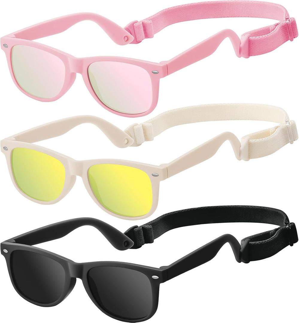 Baby Infant & Toddler Sunglasses with Strap, UV400 Protection for Boys & Girls 0-24 Months, 3 Pack