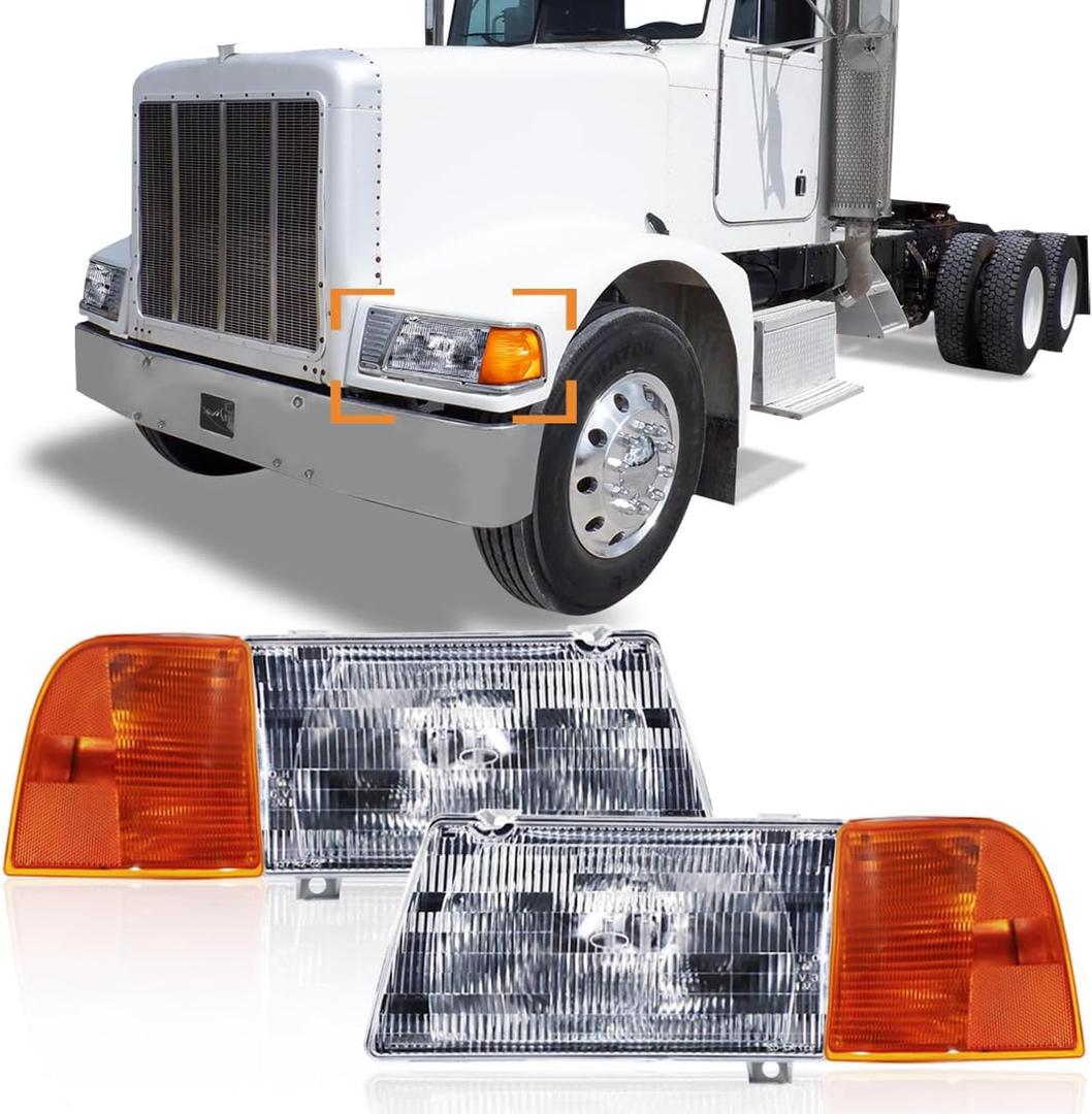 Headlight with Corner Lamp fit for Peterbilt 385/377 Trucks Halogen Headlights Headlamp Assembly Pair Left Driver and Right Passenger Side