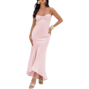 Summer Satin Tube Top Strapless Midi Dress for Women 2025 Formal Ruched Backless Wedding Guest Long Dresses (Pink, M)