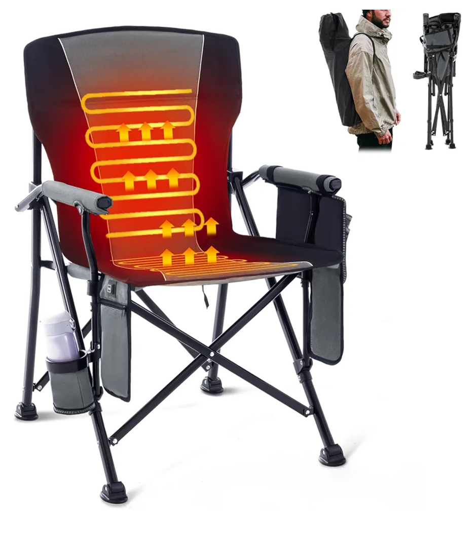 MENOLY Heated Camping Chair, Portable Heated Folding Chair, Heated Seat and Back Chair with Cup Holder, 4 Large Pockets for Outdoor Activities, 3 Heat Levels, Supports 300lbs, Battery NOT Include