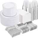NOCCUR 700PCS Silver Plastic Plates Disposable 100 Guests - White Plastic Plates with Silver Trim Include 100 Dinner Plates,100 Dessert Plates,300 Cutlery,100 Cups,100 Napkins for Party&Christmas