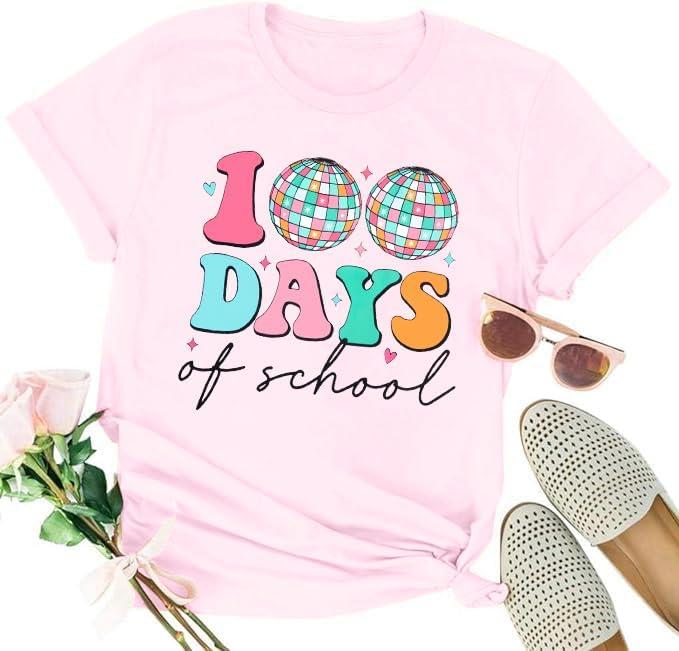 100 Days of School Shirt Retro Disco Hearts 100th Day of School T-Shirt Teacher Life Tees School Celebration Gift Tops (XX-Large)