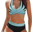 AI'MAGE Women's High Waisted Bikini Sets Tummy Control Swimsuits 2025 Two Piece Bathing Suits Color Block Halter Swim Suits (Medium)