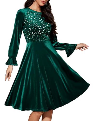 Bbonlinedress Green Velvet Cocktail Long Sleeve Dress Sequin Velvet Vintage Wedding Guest Midi Dress Dark Green S