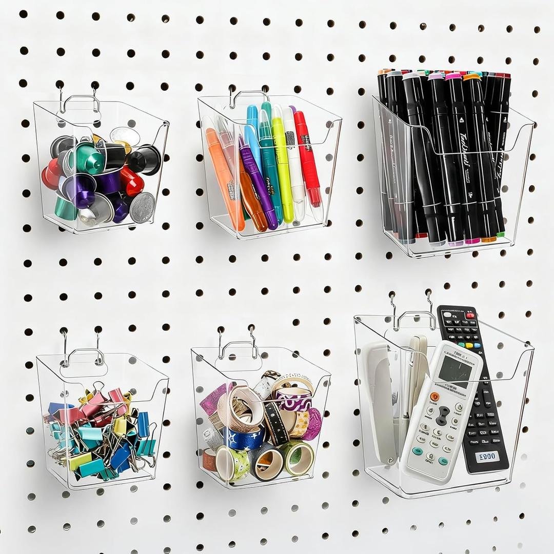 Coloch 6 Pack Clear Pegboard Cups with Hooks, Plastic Peg Board Bins Pegboard Organizer Accessories Wide Mouth Storage Box for Garage, Workbench, Craft Room, Office Organization, 3 Sizes