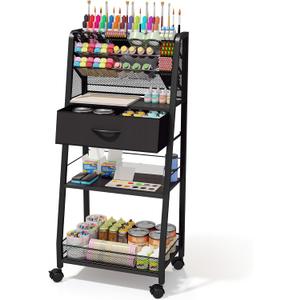 3 Tier Rolling Cart - Metal Utility Cart with Storage Drawer and Wheels, Versatile Art & Craft Organizer for Home, Office, or Studio - Ideal for Storing Brushes, Paints, and SuppliesBlack