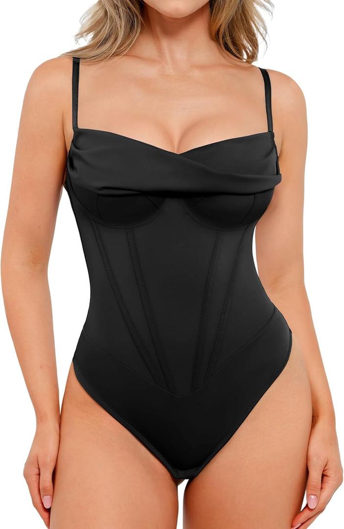 Popilush Corset Bodysuit for Women Tummy Control Shapewear Cowl Neck Tops Thong Bodysuits Concert Outfits (M (4-6), Black)