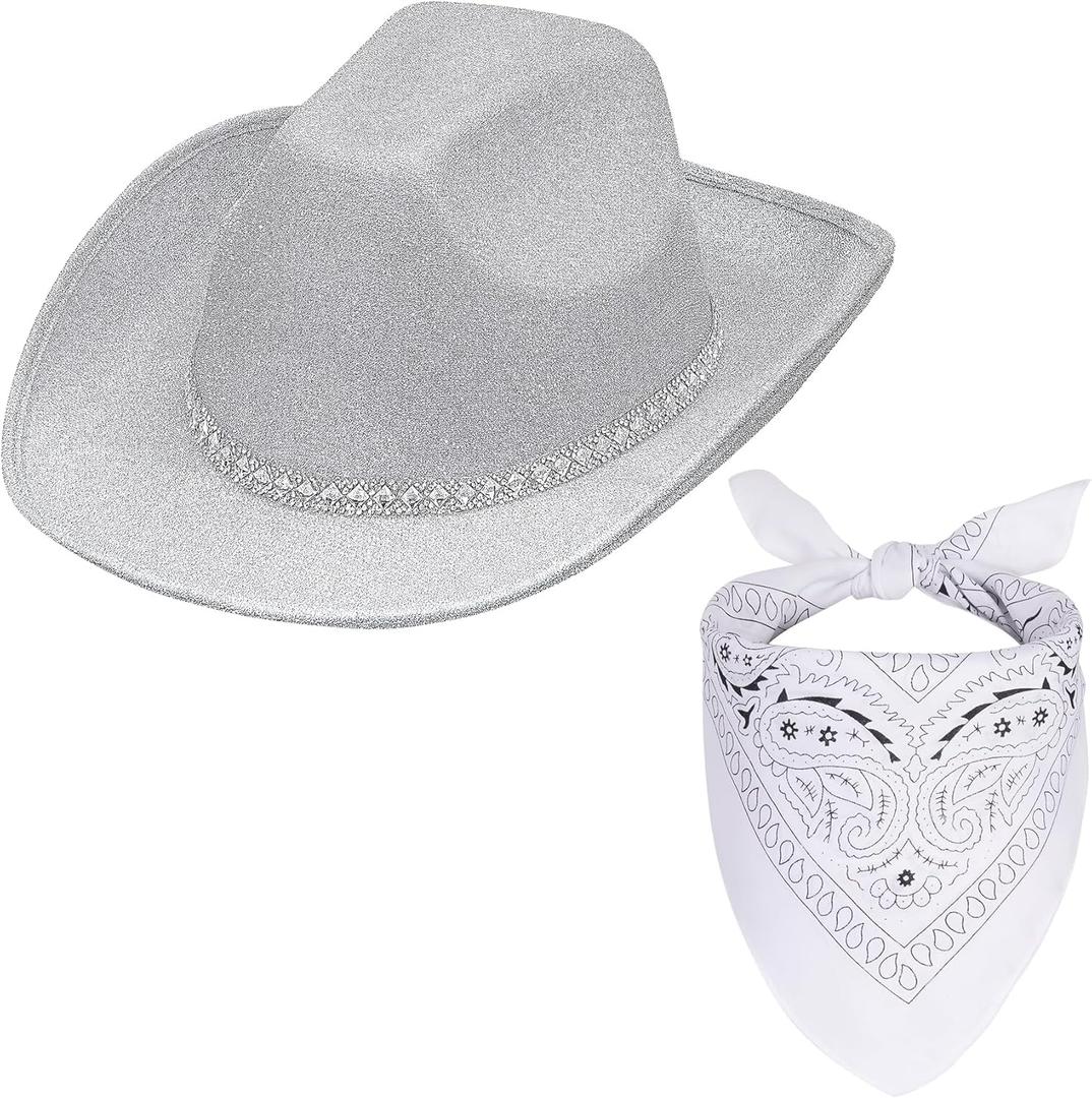 Cowgirl Hat with Bandana Set Glitter Cowboy Hat for Christmas Halloween (Silver)