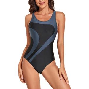 Womens Athletic One Piece Swimsuit Racerback Competitive Training Bathing Suit, Gray/Black, XL