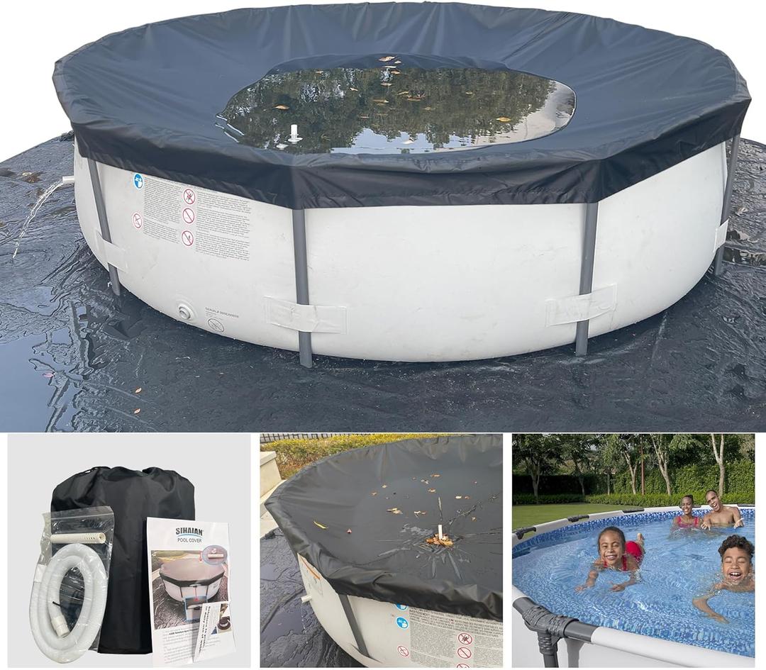 16 Ft Pool Cover, with Automatic Drain Round Pool Cover, One-Piece Quick Installation and Removal Above Ground Pool Cover, Preventing Waterlogging, UV Protected Solar Swimming Pool Cover (16Ft, Black)