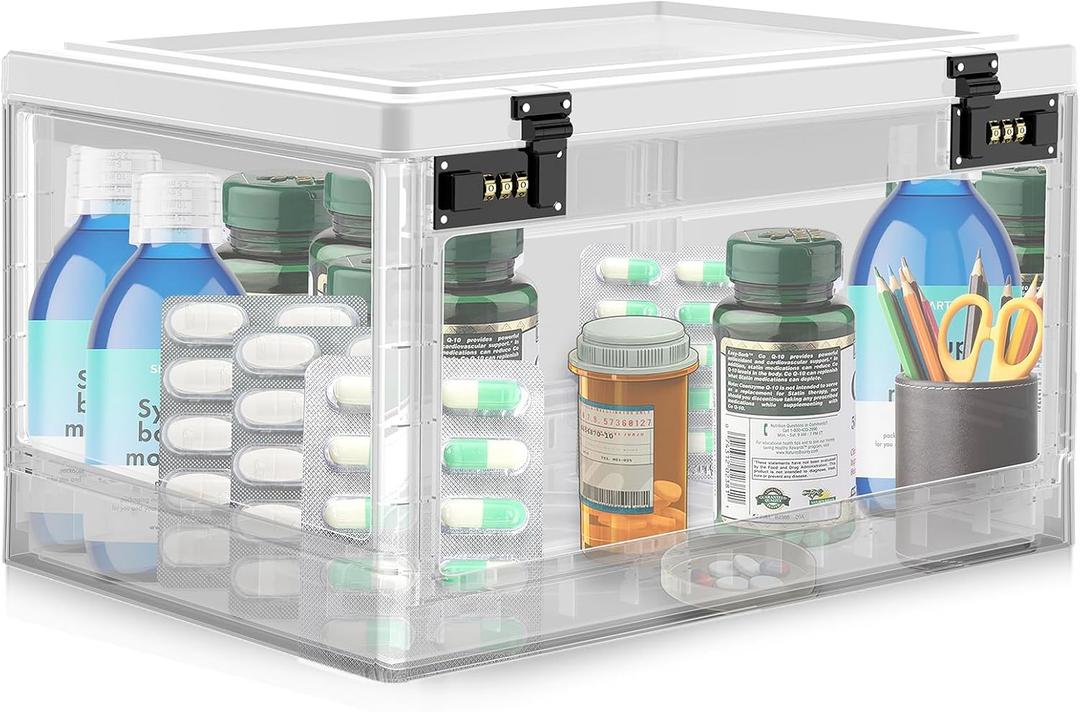 Extra Large Lock Box for Medication Safe, Medicine Lockable Storage Box with Code, Phone Lock Boxes for Video Games, Box with Combination Lock for Snacks/Food, Locking Cabinet for Home/Office (Clear)