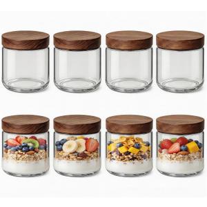 10oz 8 Pack Overnight Oats Containers with Lids, Glass Mason Jars with Acacia Wood Airtight Lids, Wide Mouth Meal Prep Storage Jars for Yogurt, Chia Pudding, Salad, Parfait, Snacks, Spice