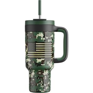 40 oz Camo Tumbler with Handle, 2-in-1 Straw and Sip Lid, Leakproof, Dishwasher Safe, Insulated Stainless Steel Travel Coffee Mug, Keeps Cold for 34 Hours, Fits in Car Cupholder (Woodland Flag)