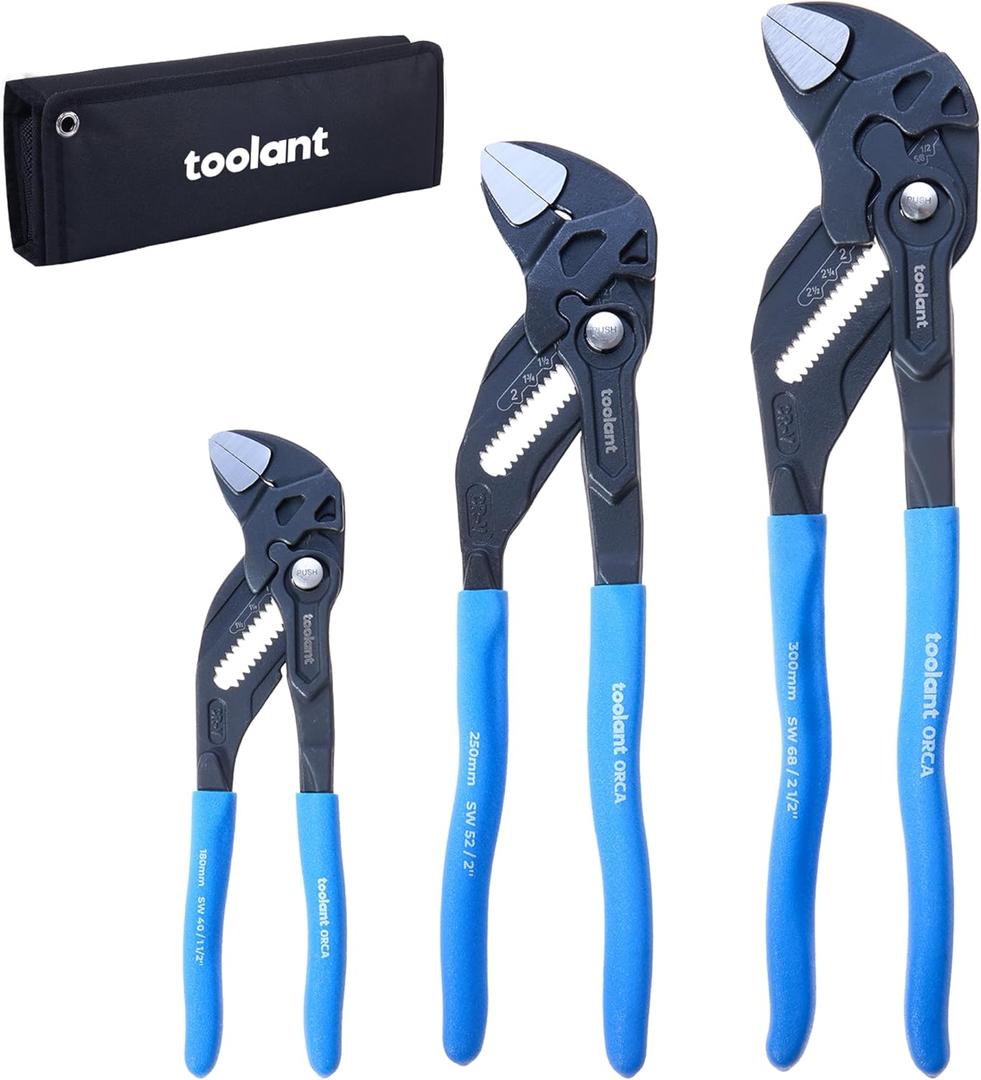 toolant 7/10/12-INCH Plier Wrench, CR-V Construction Adjustable Wrench Set With Pouch, Black Finish Smooth Jaw Pliers, Parallel Jaws, Suitable for All Types of Nuts, Water Pipes, etc