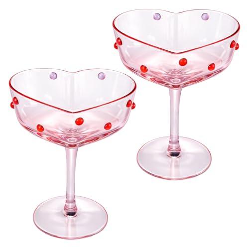Acellegic 2 Pcs 12 oz Valentine's Day Heart Shaped Pink Martini Wine Glasses with Romantic Polka Dots Valentine's Day Gift Couple Glasses Heart Red Dotted Romantic Birthday Wedding Supplies