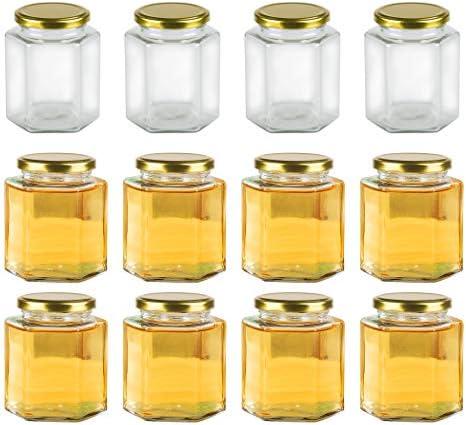 Encheng 16 oz Clear Hexagon Jars,Glass Jars With Lids(Golden),Mason Jars For Honey,Foods,Jams,Liquid,Spice Jar Herd Jar Canning Jars For Storage 12 Pack