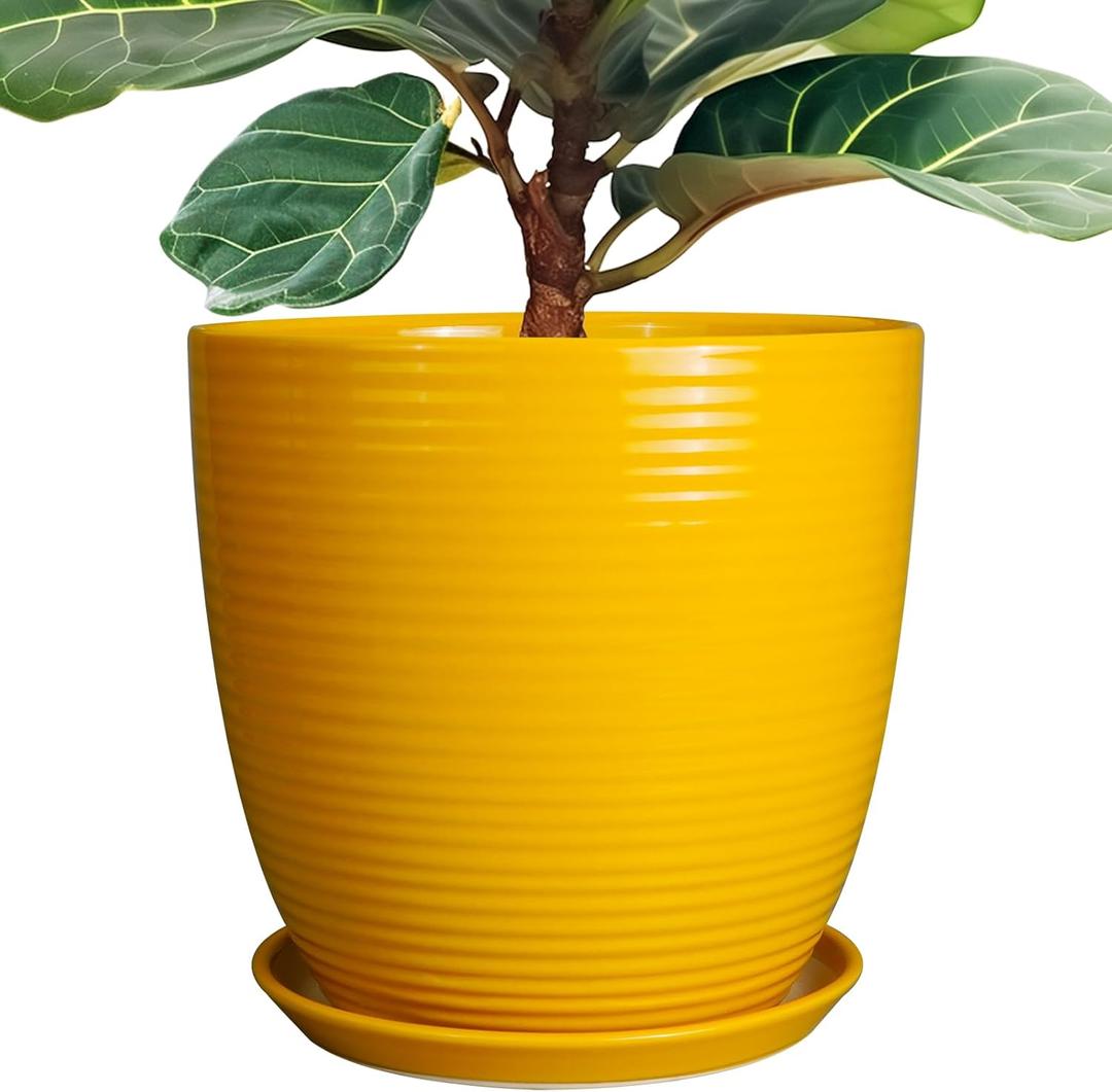 12 Inch Pots for Plants - Ceramic Planter for Indoor Plants Large Plant Pot with Drainage Hole and Saucer Round Outdoor Flower Pot for Garden Home Patio Office Yellow
