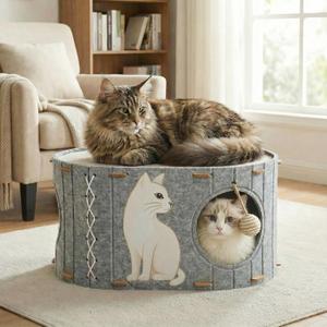 Cat House for Indoor Cats – Felt Covered Cat Bed Cave with Sisal Ball & Reversible Cooling & Warming Pad, Enclosed Hideaway Condo for Large Cats & Kittens, Cozy Multi-Cat Furniture, Gray