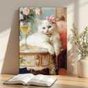 Elegant Vintage Cat Canvas Wall Art Whimsical White Cat Poster Print Funny Retro Bar Cart Picture Eclectic Animal Paintings Wall Decor for Living Room Bedroom Kitchen Office 16x24in Framed