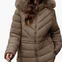 Bellivera Women's Winter Thickened Quilted Puffer Jacket Zipper Pockets Bubble Coat with Removable Hood and Faux Fur Collar Large