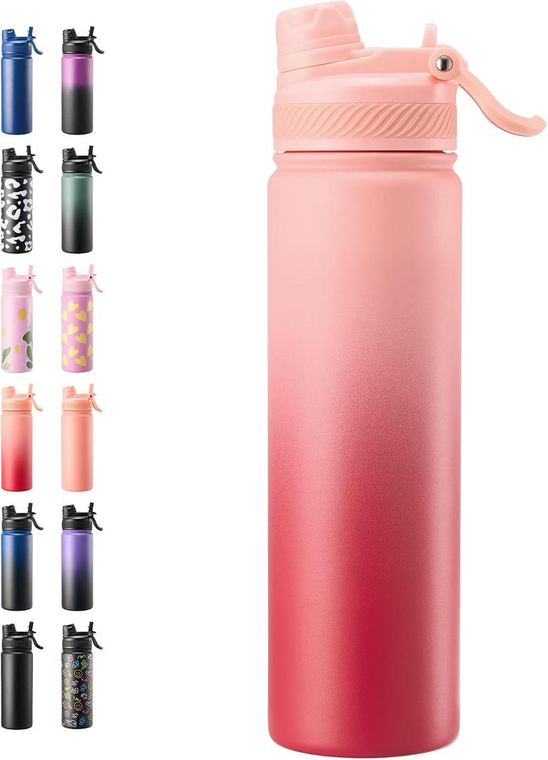 Fijinhom 24 oz Insulated Water Bottle, 2-in-1 Straw and Spout Lid Stainless Steel Insulated Bottle, Leak-Proof, Double Wall Vacuum, Keep Cold 24H for Outdoor, Sports, Travel, School (Red Gradient)