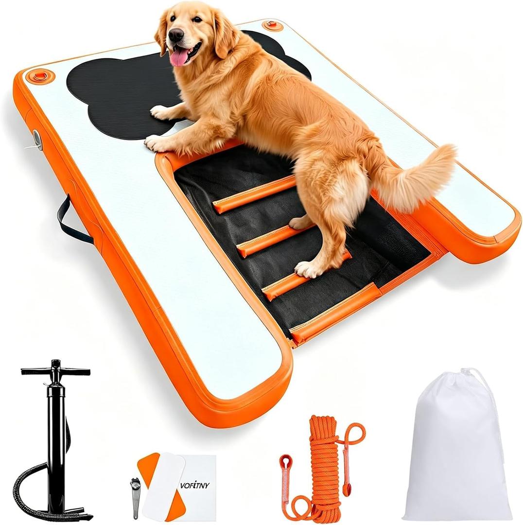 VOFiTNY Dog Boat Ramp Dock for Pool Inflatable Puppy Water Raft Plank Portable Pup Mat Floating Doggy Floats Ladder Play Bright Orange up to 240lbs XL 27"L x 39.3"W x 3.94"H