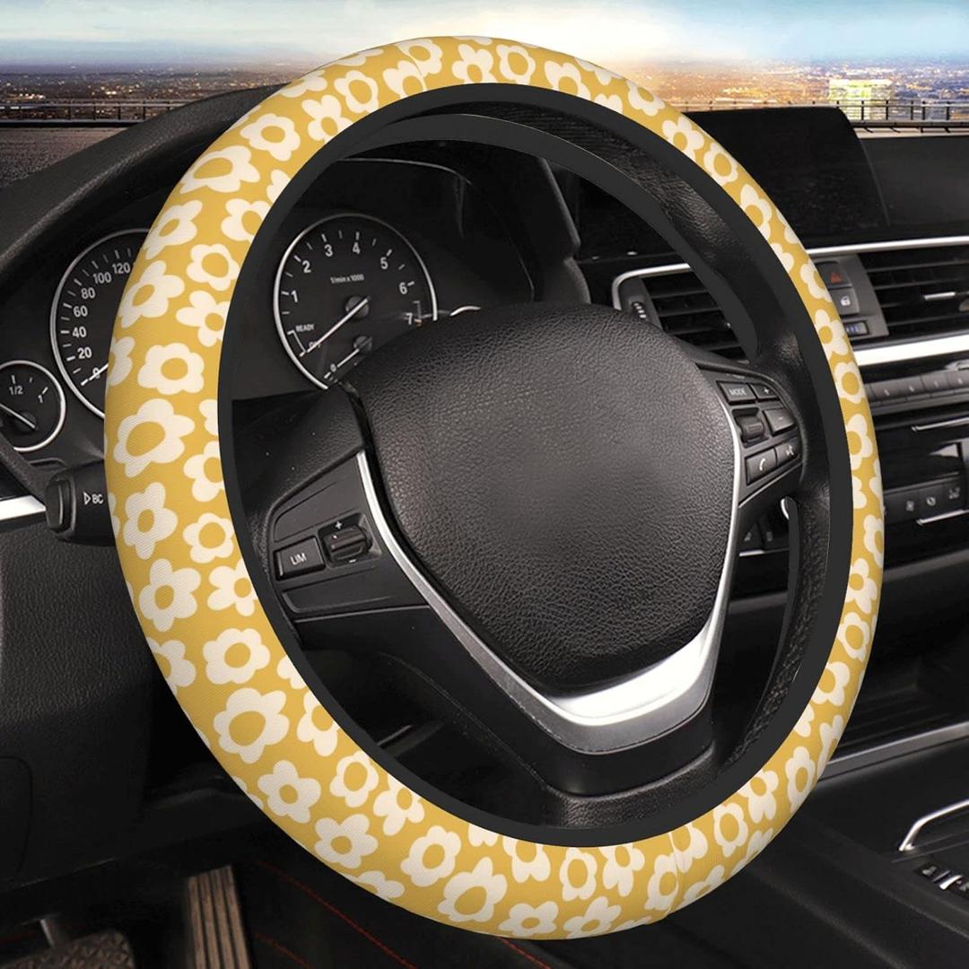 Vintage Groovy Flowers Steering Wheel Cover Universal 15 Inch Cute Car Accessories Protector for Women Men