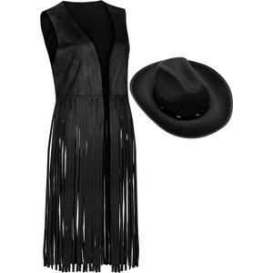 Foaincore Fringe Vests Cowgirl Outfits for Women 70s Hippie Clothes Vest Jacket Faux Suede Tassels Western Cowgirl Hat (XX-Large, Classic Black)