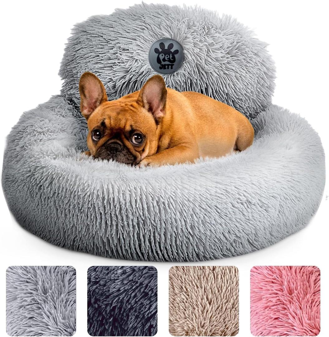 PetJett Small Dog Bed - 23'' Round Dog Beds, Calming Puppy Bed - Anti-Slip & Washable Super Soft Fluffy Plush Faux Fur Pet Bed, Anti-Anxiety Premium Comfort Donut Bed, Fits Dogs up to 25 lbs, Bright Gray, Small - 23”L x 23”W x 8”Th
