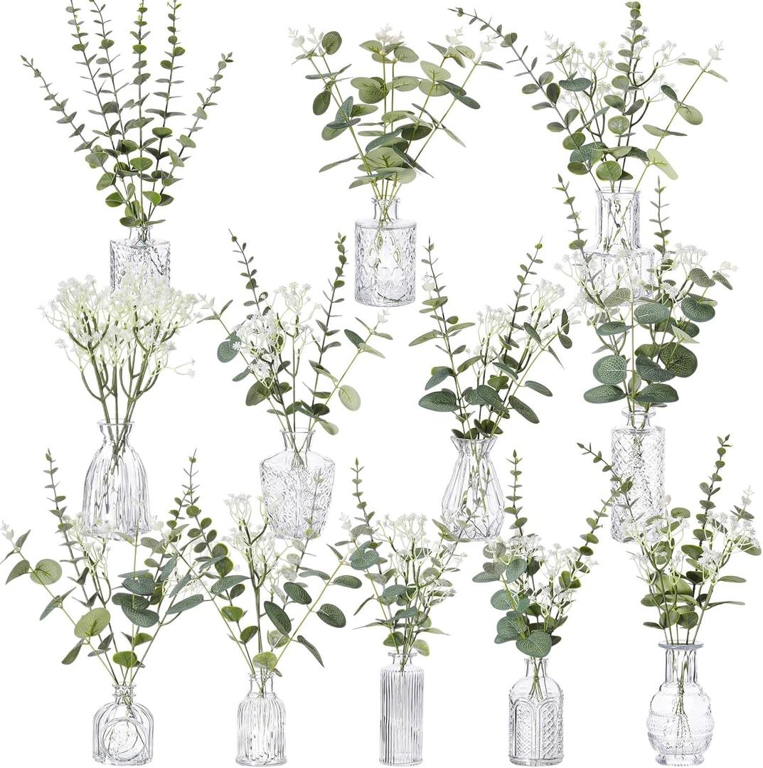 Glass Bud Vases Set of 12 and Artificial Plants Stems in Glass Vase Artificial Eucalyptus Baby's Breath Fake Plants Greenery for Rustic Farmhouse Wedding Table Centerpieces(Clear)