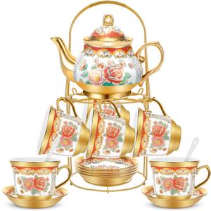 20 Pieces Vintage Flower Porcelain Tea Set for Adults with Metal Holder European Ceramic Tea Party Set Cup Gold Plated Saucer for Women, Serving 6 People(Classic)