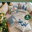BEWQ Blue Chritstmas Pillow Covers 18X18 inch Set of 4, Chritstmas Tree Snowman Outdoor Throw Pillow Cases Decorative Cushion Covers for Home Couch Sofa Car Winter Decor