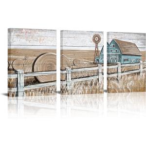 Apicoture Barn Wall Art Farmhouse Wall Art Fram Landscape Painting Teal Old Barn Rustic Country Farm Decor Picture for Bedroom Living Room Ready to Hang Size 12"x16"x3Panels