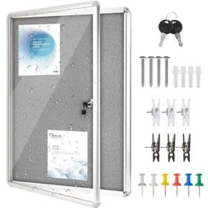 38"x28" Enclosed Bulletin Board Tamper-Proof Dispaly Case,Grey Fabric&Aluminium Frame,Shatter Resistant Lockable Bulletin Board with Clear Acrylic Door for School,Office,Mall,Community,Hospital,Church