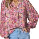 Dokotoo Women's Casual V Neck Easel Floral Print Long Sleeve Blouses Smocked Button Down Shirts Bohemian Top (Purple, XXL)